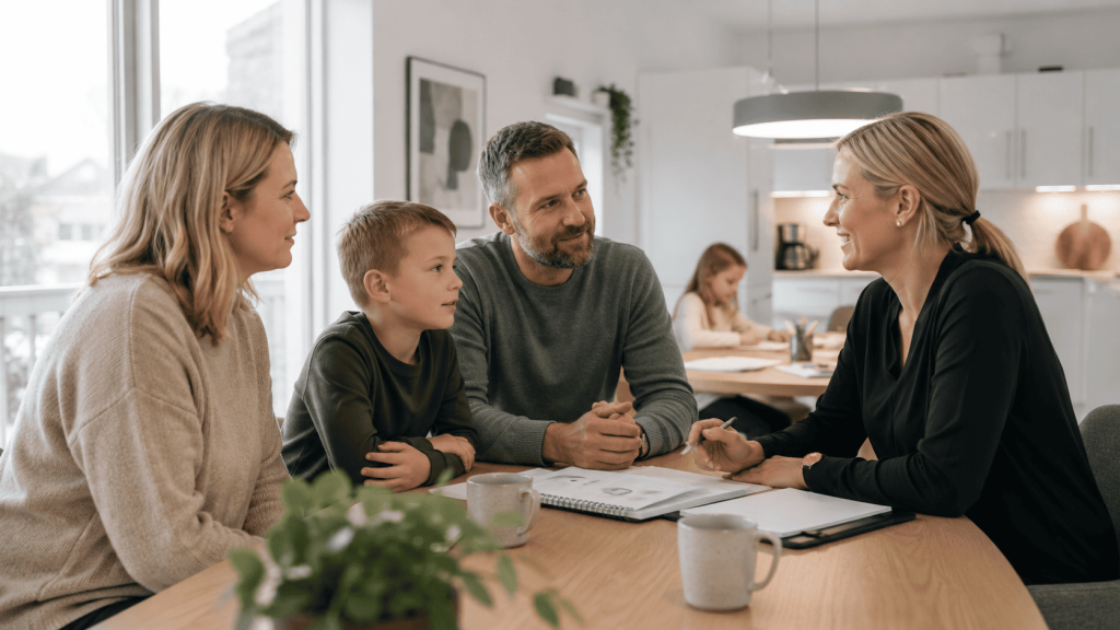 Familie i samtale med rådgiver ved spisebord i moderne hjem