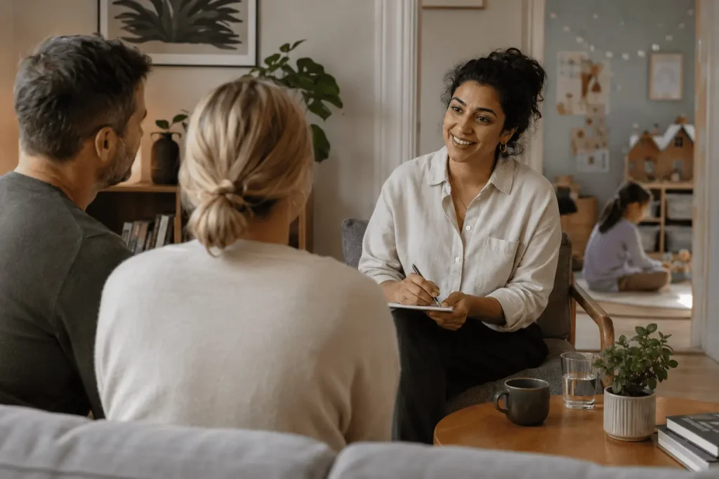 Par i samtale med familieterapeut i et hyggeligt hjemmemiljø.