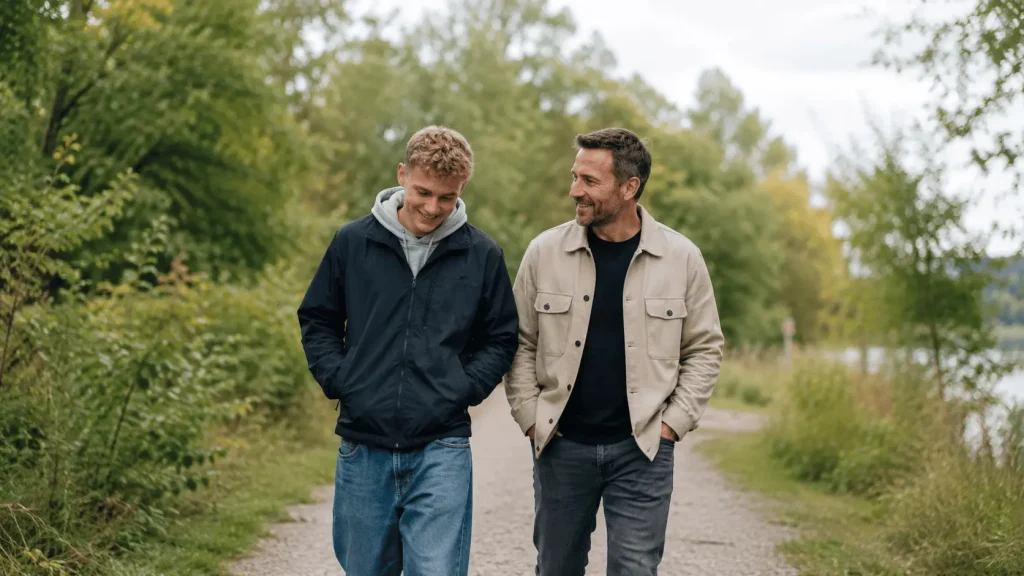 Far og teenager går sammen på en sti i grønne naturomgivelser.