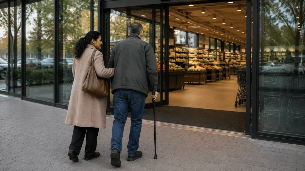Person ledsager ældre mand med stok ind i et supermarked.
