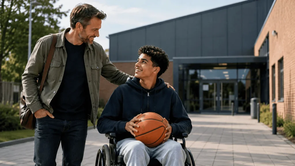 Ung i kørestol med basketball sammen med mentor foran skolebygning