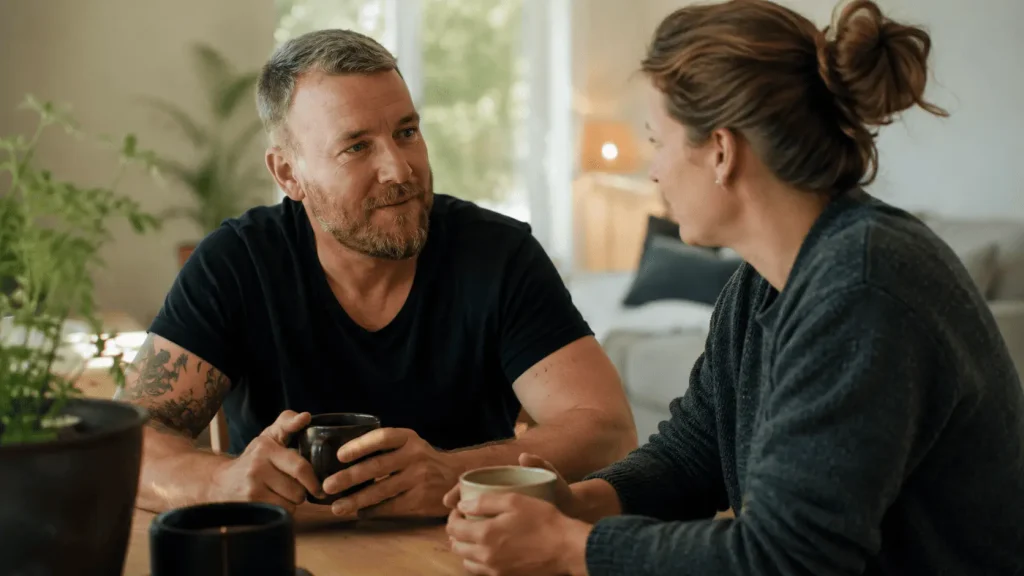 Mand og kvinde sidder ved et bord og taler sammen over en kop kaffe i hjemlige omgivelser.