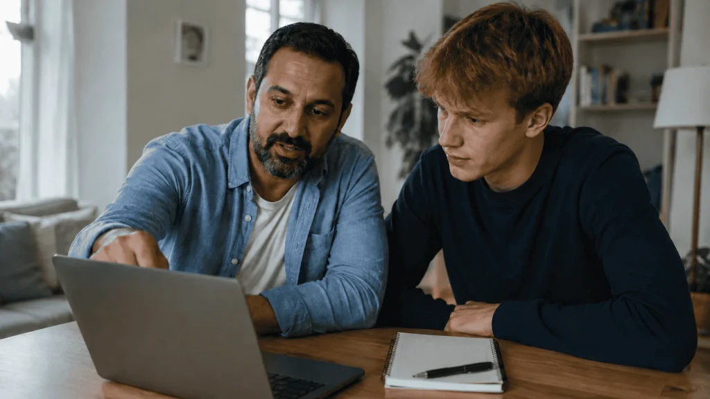 Mentor og studerende arbejder sammen ved en bærbar computer i hjemmemiljø.